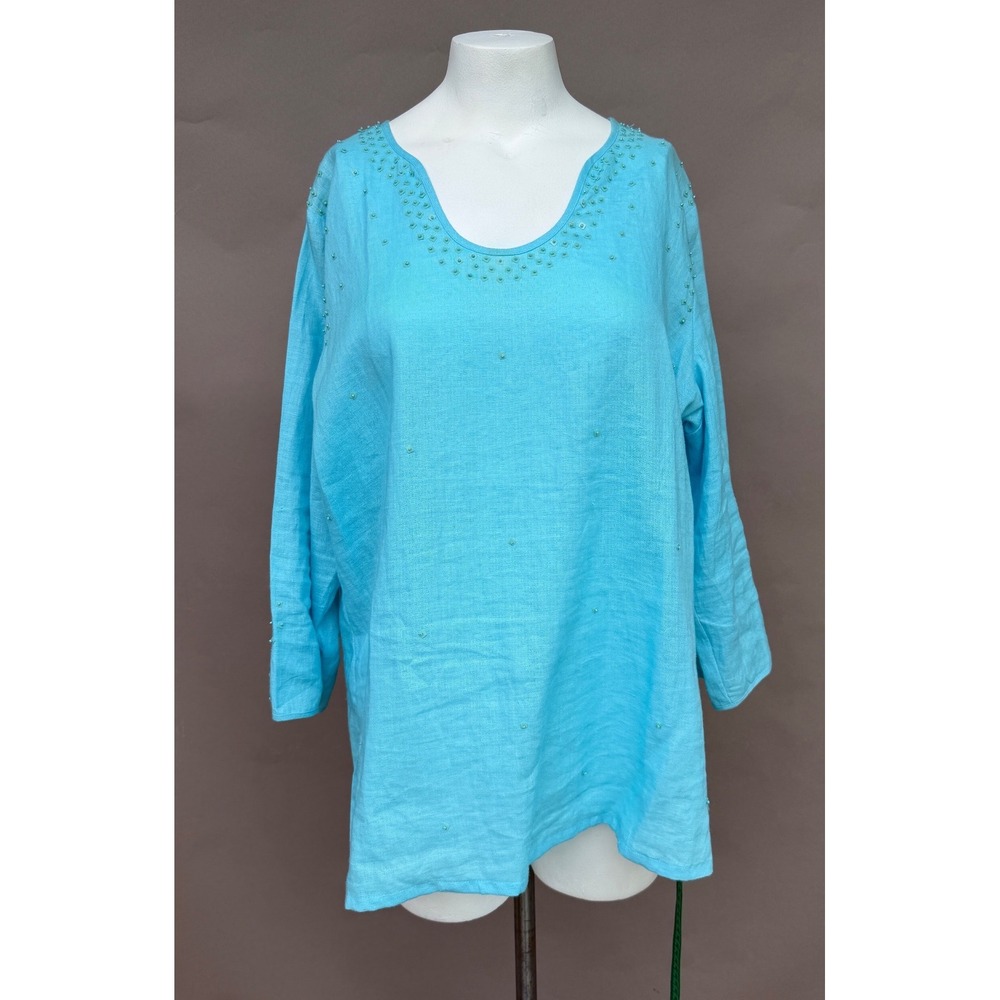 Anne‎ Carson Linen Tunic Top 1X Blue Beaded Scoop Neck 3/4 Sleeve Coastal Boho
